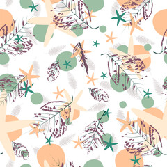 Absctract seamless pastel background with leaves and stars on white. Can be used for fabric,fashion pattern,cloth,textile,wrapping,covers,decor.