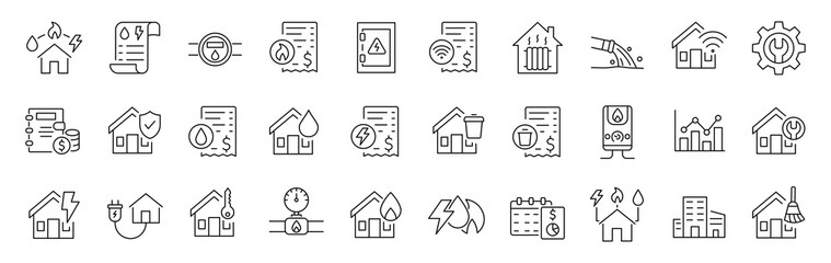 Set of 30 line icons related to public utilities. Gas, electricity, water, heating. Editable stroke. Vector illustration - obrazy, fototapety, plakaty