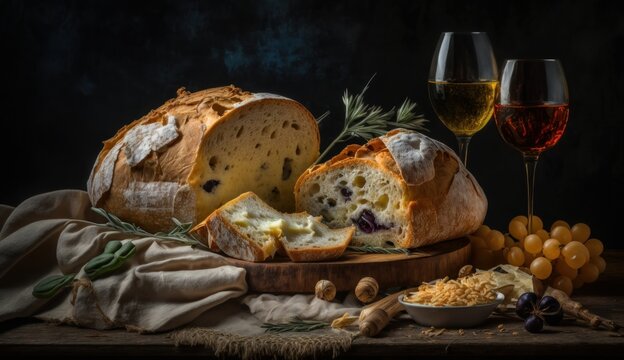 Rustic Italian Bread with Wine and Accompaniments