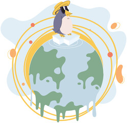 Global warming climate changes concept. Environmental disaster threat to nature and animals. Planet Earth is suffering, danger rising temperature, water drops flowing from globe due to ice melting
