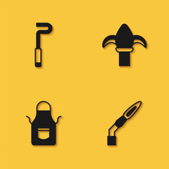 Set Fire poker, Welding torch, Blacksmith apron and Classic iron fence icon with long shadow. Vector