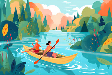 Two women paddle their canoe down a river against a backdrop of nature, engaging in water sports