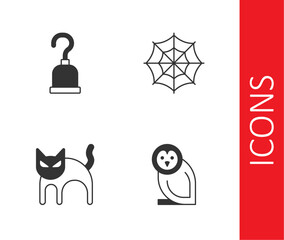 Set Owl bird, Pirate hook, Black cat and Spider web icon. Vector
