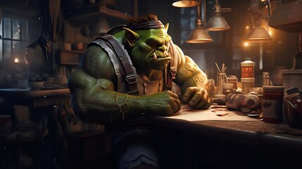Orc working in a bar created with AI