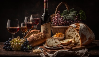 Rustic Italian Bread with Wine and Accompaniments
