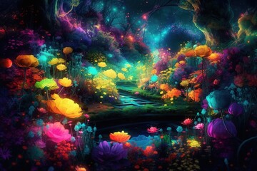 Surreal garden filled with fluorescent flowers and plants. The scene is vibrant and colorful, with neon colors blending together to create a dreamlike landscape. Generative AI