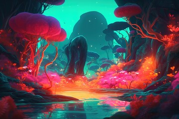 Surreal garden filled with fluorescent flowers and plants. The scene is vibrant and colorful, with neon colors blending together to create a dreamlike landscape. Generative AI