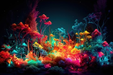 Plakat Surreal garden filled with fluorescent flowers and plants. The scene is vibrant and colorful, with neon colors blending together to create a dreamlike landscape. Generative AI