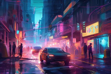 Concept illustration showcases a busy city street illuminated by fluorescent lights. Scene is lively and energetic, with people walking and cars driving by. Futuristic dynamic vibe. Generative AI