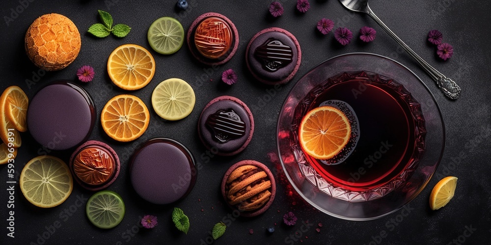 Poster sangria and macarons at a high altitude generative ai