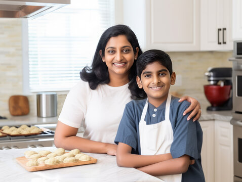 Indian mother and son baking in the kitchen, looking at the camera and smiling. Illustration created with Generative AI technology.