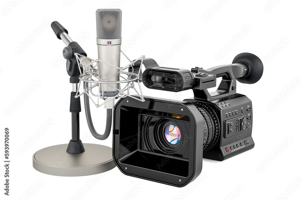 Poster professional video camera with microphone. 3d rendering