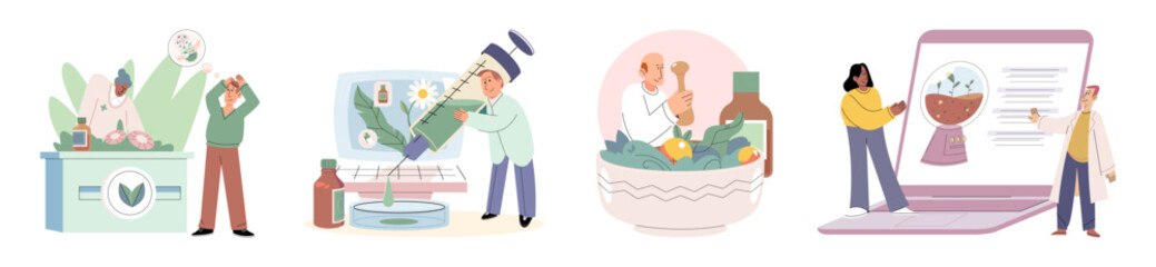 Homeopathy and herbal remedies set. Medical research laboratory diagnostics. Homeopathic treatment and phytotherapy. Traditional herb recipes of alternative medicine. Medicine pharmacy. Herbal pills