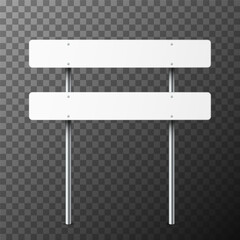 Obraz premium Realistic white traffic sign isolated on transparent background. Two blank board highway road sign on metal pole. Empty board. Directional wayfinder, signage symbol. 3d vector illustration