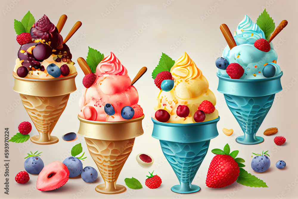 Poster set of ice cream scoops of different colors and flavours with berries. generative ai