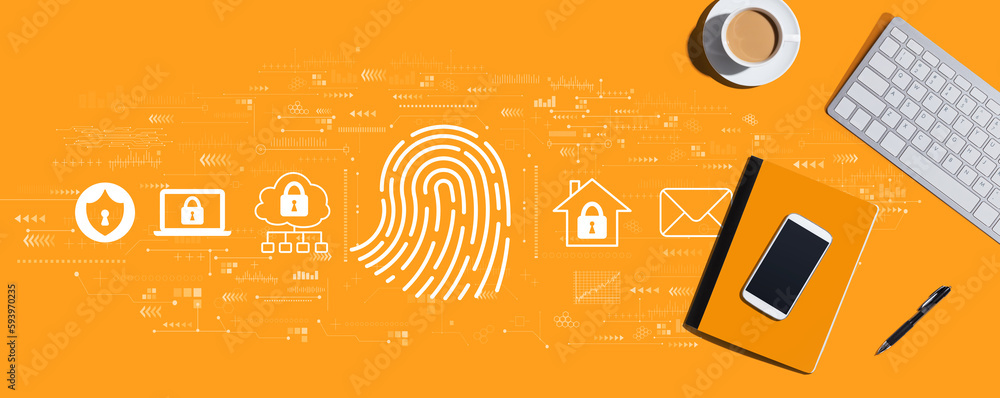 Aufkleber fingerprint scanning theme with a computer keyboard and office items