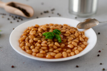 Baked Beans in tomato sauce in a plate against a grey background. Food. Food background. Close-up