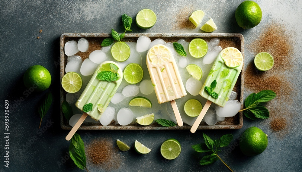 Poster invigorating and nutritious lime mint popsicles made with real limes and ice. copy space in the top 