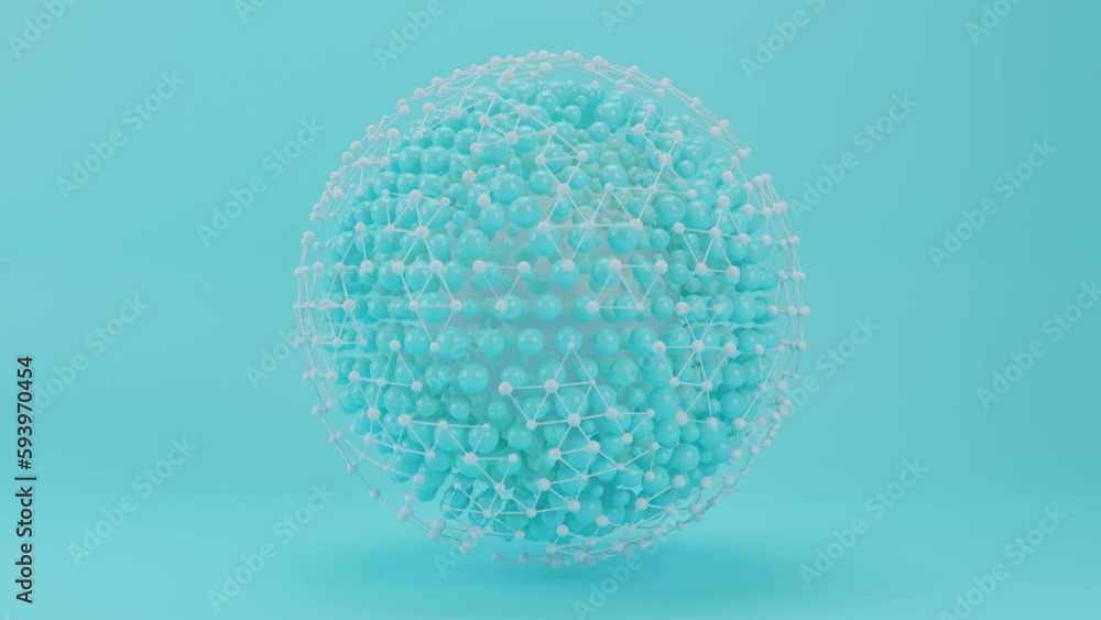 Poster loop 3d animation of an abstract sphere made of a molecular grid, a set of triangles and a nucleus. 