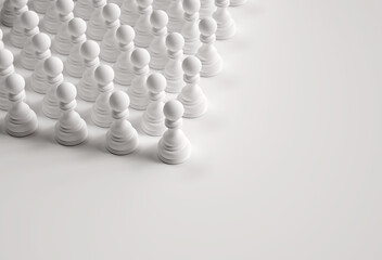 White chess pawns on white background. Unity concept. 3d rendering