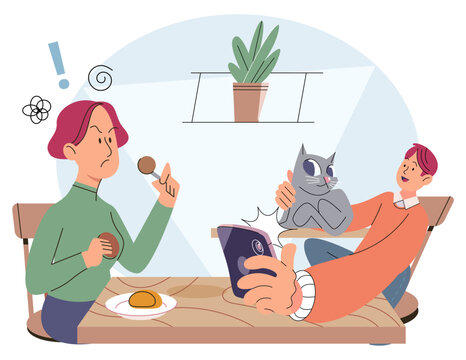 Cartoon happy boy using tablet, child watching smartphone while eating at kitchen at home. Irritated mom is nervous that kid is distracted during feeding and spends too much time with gadgets