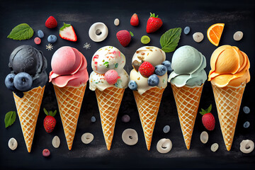 Various of ice cream flavor in cones blueberry ,strawberry ,pistachio ,almond ,orange . Generative Ai
