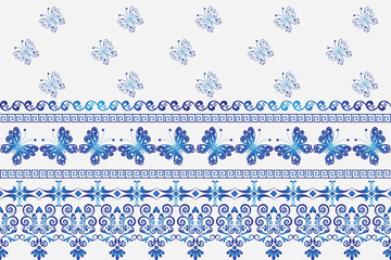 Vector seamless blue-blue-white border with butterflies