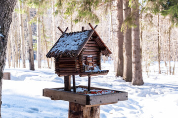 bird feeder in the form of a hut made of natural materials is installed in a winter snowy forest