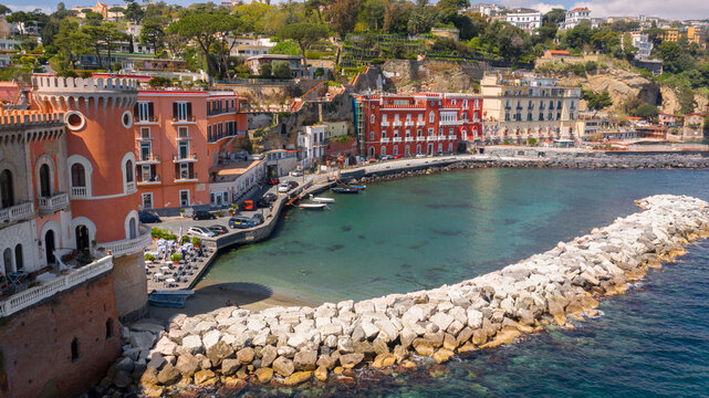 Aerial view of Marechiaro beach. It is located in the Posillipo district in Naples, Italy. It is a small artificial gulf of the Tyrrhenian Sea.