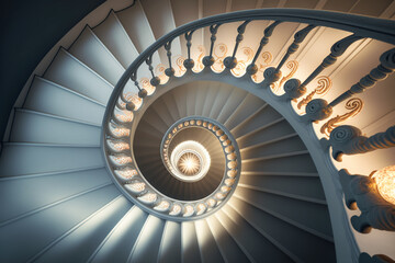 spiral staircase. Looking down from above. Generative AI,