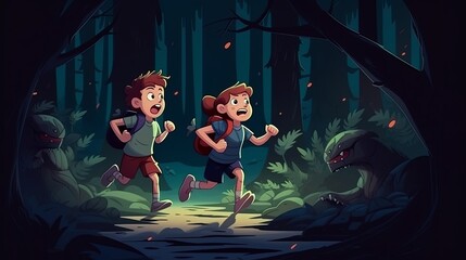 A boy and a girl are out at night in the woods getting away from monsters.