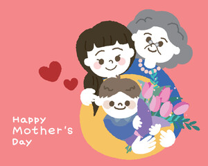 Three generations of smiling family, cute little boy hugging her mom and grandmother. Concept for mother's day. Vector illustration.
