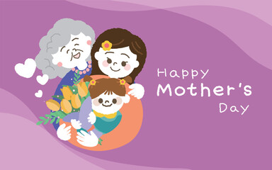 Three generations of smiling women, cute little girl hugging her mom and grandmother. Concept for mother's day. Vector illustration.