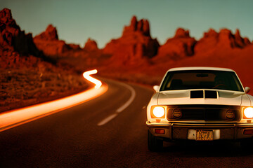 muscle car on mountain road in sunset created with Generative AI technology