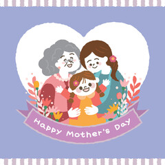 Three generations of smiling women, cute little girl hugging her mom and grandmother. Concept for mother's day. Vector illustration.