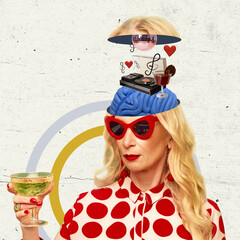 Senior stylish woman drinking cocktail, attending party, having fun. Contemporary art collage. Concept of party, creativity, fun, leisure time, retro fashion, enjoyment, inspiration