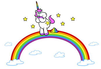 Rosa Cartoon Einhorn setzt Haufen Scheiße auf Regenbogen © Robert Kneschke