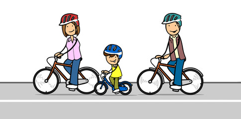 Familie mit Kind beim Fahrrad fahren auf Radspur von Straße