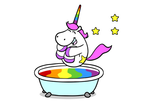 Lachendes Einhorn springt in Badewanne voll Regenbogen Wasser
