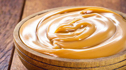 pot of dulce de leche or homemade caramel on rustic wooden background, typical Brazilian sweet, typical food of the June festivities