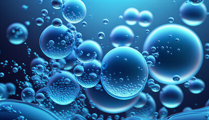 Illustration of transparent cosmetic blue gas bubbles underwater.