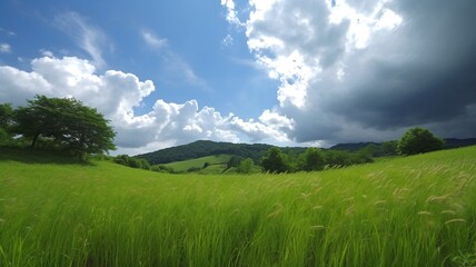 Obraz premium green field and blue sky landscape generative ai