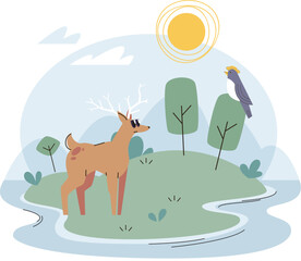 Forest animals in nature background. Roe deer and bird on green meadow. Wild animals antelope and fowl in nature landscape, grass and trees day time with sun vector illustration. Wildlife summer scene