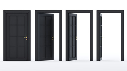 3D render of black open and closed door isolated on white background, Closed and open way. - Powered by Adobe