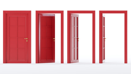 v3D render of red open and closed door isolated on white background, Closed and open way.