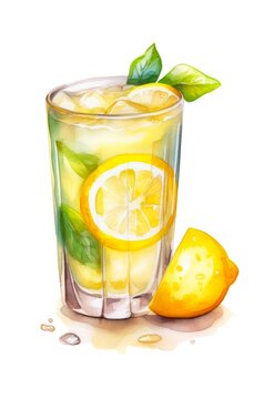 Watercolor illustration of a lemon juice with fresh fruits and mint isolated on white background. Generative AI.