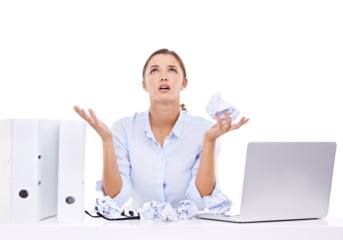 Stress, wtf and paper mistake by business woman angry on isolated, transparent and png background. Compliance, form and frustrated female office worker with anxiety for deadline, proposal and fail