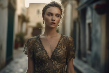 Portrait of a fashion model wearing couture lace dress in Italy.