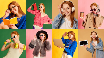 Collage made of images of happy young beautiful girl, woman in different fashion style clothes over...