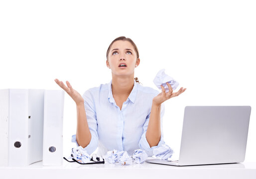 Stress, wtf and paper mistake by business woman angry on isolated, transparent and png background. Compliance, form and frustrated female office worker with anxiety for deadline, proposal and fail